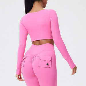Leggings avec poches Yoga manches longues serré Sports de plein air course Fitness vêtements ensembles d'entraînement pour les femmes - Product Image 6