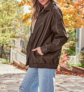 Vestes surdimensionnées en cuir véritable pour femmes Marron Vestes pour femmes de haute qualité Vente en gros de manteaux de moto mode OEM Logo personnalisé - Product Image 2