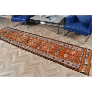 2.5x11.2 ft Vintage <b>Rug</b>, Turkish <b>Runner</b> <b>Rug</b>, Orange Brown Camouflage Wool <b>Rug</b> - Product Image 5