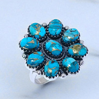 Serti de lunette de coupe ovale bleu cuivre Turquoise 925 bague fine en argent incroyable mariage pierres précieuses bagues en argent pour elle en gros