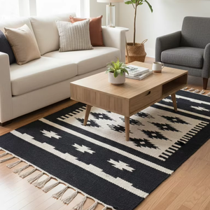 Tapis moderne en coton tissé, motif floral bicolore, lavable en machine, réversible, noir et blanc, pour la maison, les pique-niques, les voyages, la décoration - Product Image 1