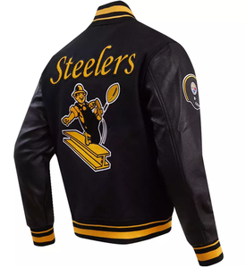 Steeler varsity jacket men Letterman Jacket with <b>gold</b> Leather Sleeves letterman custom leather varsity jacket for men - Product Image 2