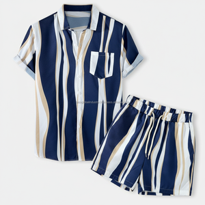 Conjunto de Pantalones Cortos Estampados Personalizados para Hombre - Diseño de Ondas Abstractas en Azul y Marrón, Atuendo Casual de Verano de 2 Piezas - Product Image 1