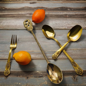 Affordable 4 <b>Pc</b> Polished Brass Palm Tree Style Flatware <b>Set</b> Everyday Stainless Steel - Product Image 1