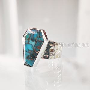 แหวนสตรีโลงศพธรรมชาติสีฟ้าทองแดงเทอร์ควอยส์พลอย December birthstone PARTY ค้อน unisex แหวนเงินสเตอร์ลิง925 - Product Image 2