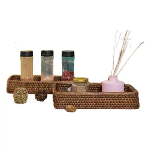 New design Brown Small Rattan Trays Rattan Toilet Tank Basket Guest Towel Holder for Serving Bathroom Counter