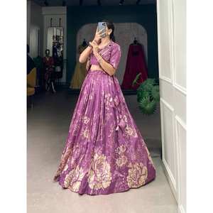 Tussar seda algodón Lehenga blusa Choli estampado Floral Koti cordón pesado borlas Zip costura lienzo hecho a mano indio - Product Image 1