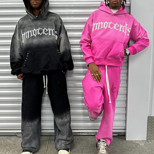 Precio bajo personalizado serigrafiado Logotipo de gran tamaño lavado con ácido diamantes de imitación 100% algodón pantalones de chándal holgado con capucha conjunto ropa de calle chándal - Product Image 1
