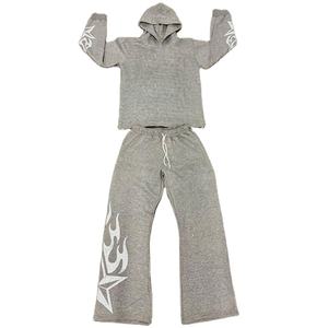 Streetwear d'hiver à capuche avec imprimé délavé au soleil Rhinestone ensemble de survêtement 2 pièces survêtement de haute qualité pour hommes et femmes - Product Image 5