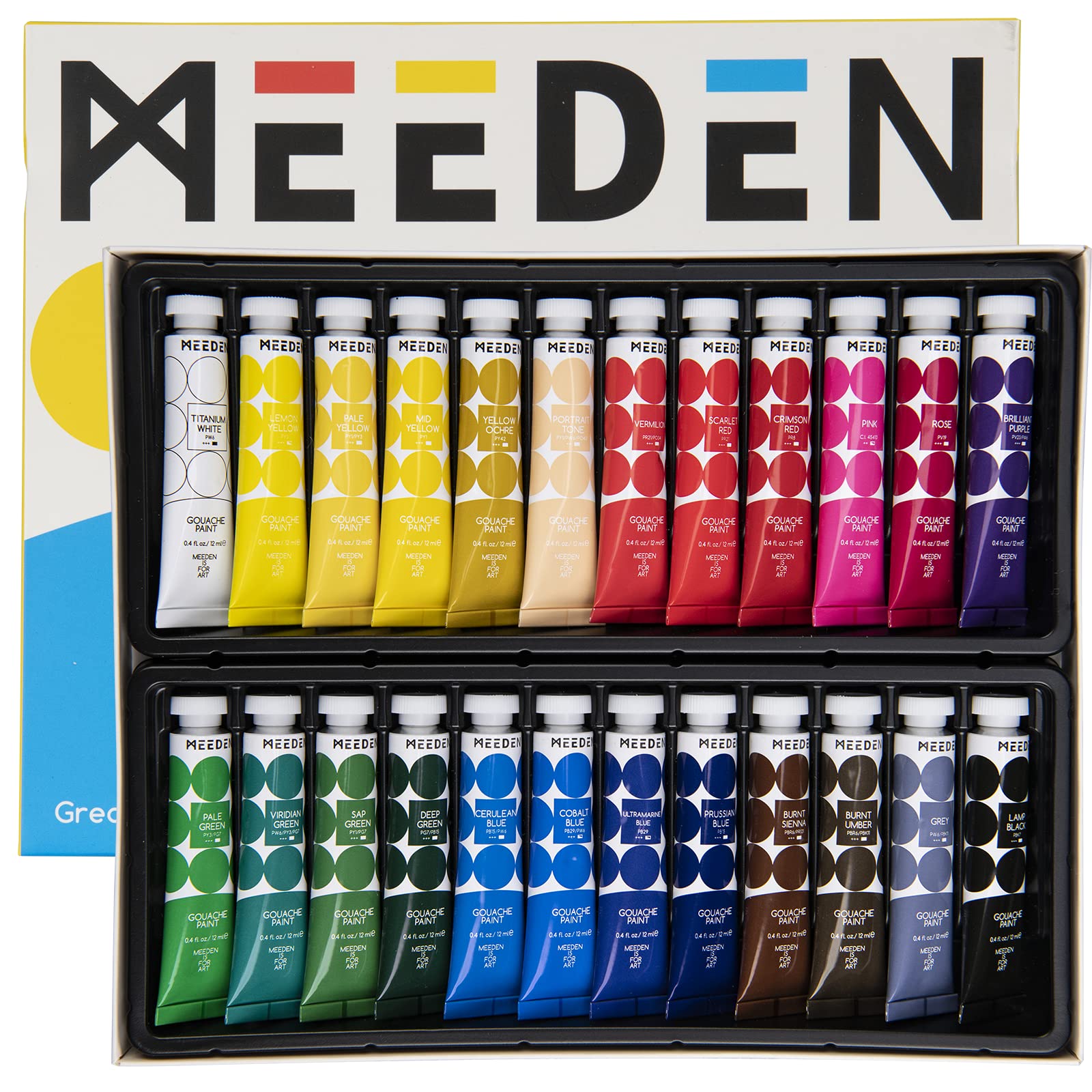 MEEDEN 24 Vibrant Colors 12ml Rich Pigment Non-Toxic Water-Based Gouache Paint Set Tubes Paints for Artist