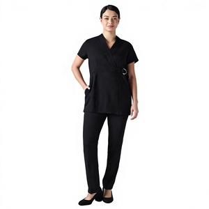 Conjunto de Uniforme Médico EVERGLOW Unisex Negro con Cuello en V, Pantalones de Algodón y Spandex para Doctores, con Tecnología de Detección de Agujas y Fusión sin Costuras - Product Image 1