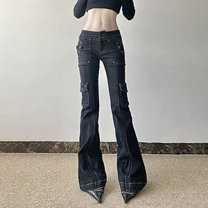 Estilo negro Low Rise Slim Flared Cargo Jeans Pantalones para mujer Ropa Old Lady Denim Trouser - Product Image 5
