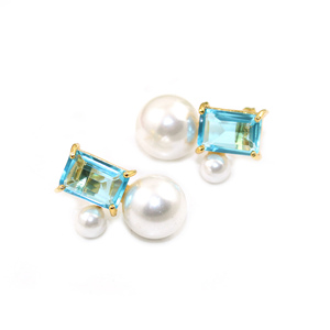 Boucles d'oreilles de créateur bohème tendance en plaqué or 22 carats avec perle d'eau douce et topaze bleue en quartz Bijoux de mode royaux pour Noël - Product Image 2