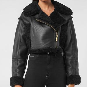 Blouson bombardier noir en peau de mouton pour femme, nouveau Style en peau de mouton, blouson noir en fausse fourrure - Product Image 1