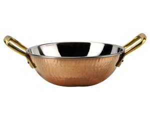 Bol de service alimentaire de restaurant Kadai d'Inde Kadai en cuivre de luxe avec poignées en laiton - Product Image 1