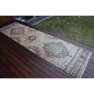 Vintage Rug, 2.6x9.9 ft <b>Runner</b> Turkish Rug, Blue <b>Red</b> Check Rug - Product Image 2