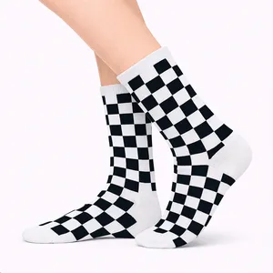 Customizable Logo <b>White</b> Checkered Pattern Sporty Athlete Sports <b>Socks</b> Colorful Digital Anti-Bacterial Sweat Resistant for Autumn - Product Image 2