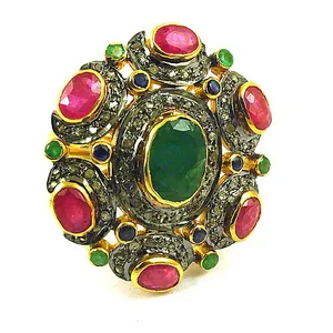 Bague statement pour femme avec rubis émeraude diamant plaqué or pur, coupe marquise, matériau platine, pierre précieuse certifiée IGI, bijoux - Product Image 1