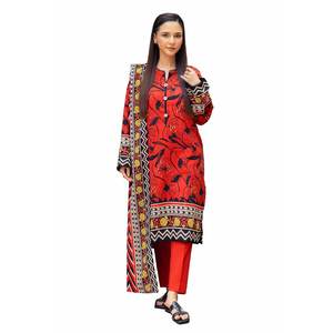 Costume Khaddar 3 pièces rouge non cousu pour femmes, style pakistanais, coton, coupe ample, décontracté, style indien, Salwar Kameez - Product Image 1