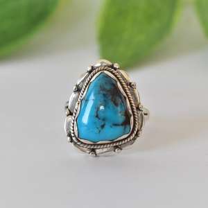 แหวนเงินแท้ 925 ประดับพลอยเทอร์ควอยซ์ สไตล์ศิลปะชาติพันธุ์ ขอบเงินขัดเงา เครื่องประดับขายส่งแบบยกชุด ชุบทองคำแท้ตลอดกาล - Product Image 1