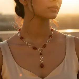 Collar de Plata 925 con Cuentas de Cornalina para Mujer, Cadena Religiosa Moderna para Uso Diario, Chapado en Rodio para Boda o Regalo - Product Image 1