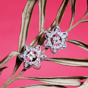 NOVAMART Fine Zarkan Trendy Religious Floral Heart <b>Silver</b> <b>Stud</b> Earrings Rhodium/Gold Plated Copper with Diamond and Pearl for Gi - Product Image 1