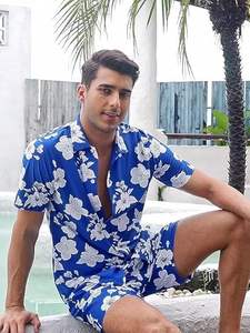 Men's Casual Summer Hawaiian Trend Print 2-Piece Beach <b>Suit</b> & Mid Waist <b>Shorts</b> Breathable <b>Short</b> Sleeve Shirt & <b>Shorts</b> Set - Product Image 6
