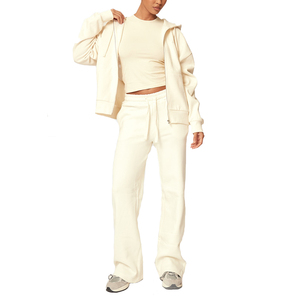 Sudadera con capucha recortada y cremallera de gran tamaño con logotipo frontal, conjunto de pantalones de chándal de algodón 100% para mujer, Jogger con hombros caídos para invierno - Product Image 1