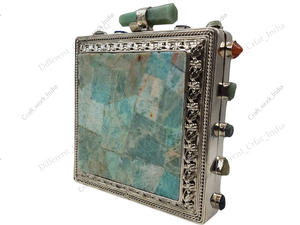 Pochette en mosaïque de pierres précieuses amazonite avec cadre argenté, sac à main de soirée de luxe pour femmes, design en incrustation de pierres naturelles - Product Image 2
