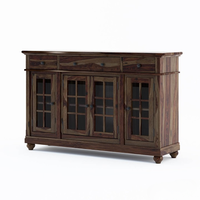 Buffet moderne en teck massif, écologique, avec portes vitrées et tiroirs, meuble de rangement et de présentation pour salle à manger et salon