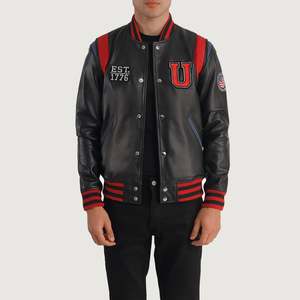 Liberte USA Reversible Black <b>Sheepskin</b> Varsity <b>Jacket</b> Water Proof Seasoned for Autumn Streetwear Style Coated Spandex XS XL 6XL - Product Image 1