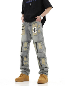 Pantalones Vaqueros Góticos de Alta Calidad para Hombre |   Ropa Urbana de Corte Recto 2025 con Logotipo Personalizado y Bordado 3D de Cristal Sólido - Product Image 3
