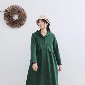 Hecho a mano Jacquard Primavera Invierno Abrigo Con Capucha Algodón Lino Cortavientos con Lino Maxi Abrigo Patrón Sólido Cintura Natural - Product Image 1