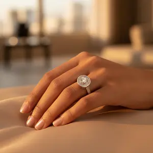 Bague halo en argent 925 pour femme, sertie de zircon cubique, plaquée rhodium et or, avec motif floral en zircon, bijoux cadeau - Product Image 1