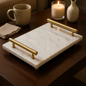 Plateau de service moderne en marbre blanc Poignées en laiton doré Pieds boule Plateau rectangulaire élégant pour la décoration intérieure Rotation jetable - Product Image 5