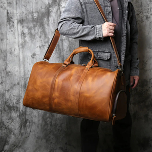 Brown Leather Weekender Duffel Bag with Zipper Closure for Travel - Product Image 2