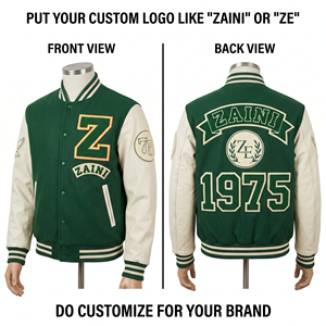 Chaqueta Varsity Premium de 420 GSM con mezcla de lana, mangas de cuero PU, color negro y crema, con parche de logotipo bordado en chenilla personalizado. - Product Image 6
