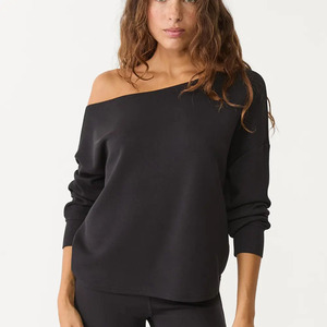 Sudadera negra de calidad más vendida para mujer, sudadera con hombros descubiertos, puños acanalados, sudaderas con capucha de entrenamiento para mujer, sudadera para mujer - Product Image 1