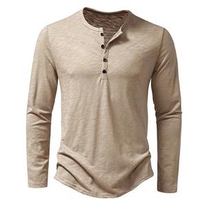 Camiseta de Manga Larga con Botones de Algodón para Hombre, Nueva de Otoño, Informal, de Color Sólido, Transpirable, Versátil, a la Moda, Ajustada - Product Image 1