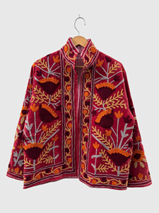 Veste en velours à col mandarin, motif floral brodé à la main, manches longues, vêtement d'automne pour adulte, fermeture éclair, style Prairie Chic - Product Image 1