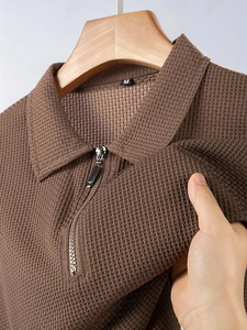 Men's Brown Waffle Knit Short Sleeve Polo Shirt With Zipper Casual Style Regular Fit Solid Color - Product Image 5