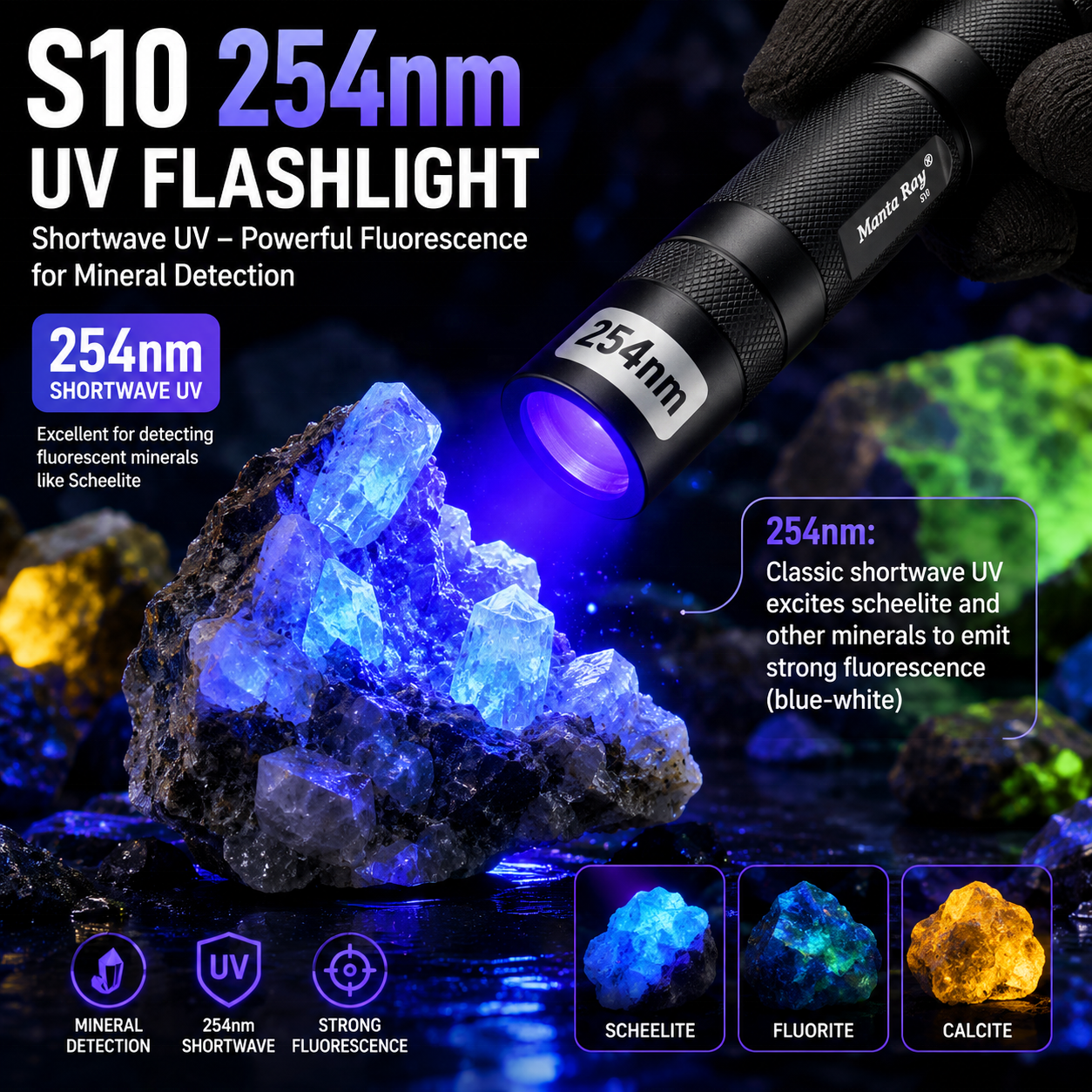 S10 5W High Power UVC Flashlight Torch Light 255nm Deep UV Light IP66 Rated 18650 Rechargeable Battery Fluorescent Rock Camping
