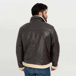 Veste en cuir véritable pour homme, modèle aviateur, pilote, bombardier, marron, avec col en fourrure, 2025 - Product Image 4