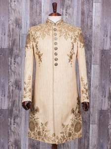 2024 Party-Wear Adultos Bodas Elegante Sherwani Pant Tela de seda cruda Zardozi Zapato bordado de un solo pecho Tallas grandes (XL) - Product Image 2