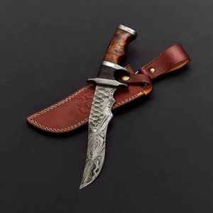 Cuchillo de Caza Premium Hecho a Mano, Cuchillo de Hoja Fija para Bushcraft, Acero de Damasco, Cuchillo de Supervivencia para Campamento al Aire Libre con Funda de Cuero - Product Image 4