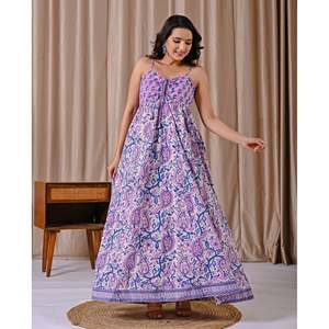 Robe en coton imprimée à bretelles spaghetti, violet et blanc, taille empire élégante et décontractée, respirante, taille unique 5XL pour la journée - Product Image 4