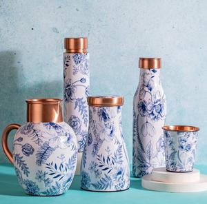 Jarra de agua de cobre con estampado floral azul y taza a juego para una hidratación ayurvédica elegante en el hogar - Product Image 4