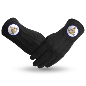 Passé Maître Bleu Lodge Gants Coton Noir Avec Emblème Or Écusson Rond Broderie Personnalisée Comme Demande Ou Ordre Tenue De Cérémonie - Product Image 1