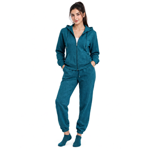 Conjunto de chándal con capucha de color verde azulado, lavado ácido, de peso pesado, liso, con cremallera, sudadera de manga larga y pantalones jogger, informal, OEM, para mujer, de la industria global. - Product Image 6