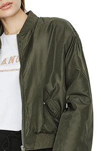 New Fashion Women's Olive Green Bomber <b>Jacket</b> Full Sleeve Zipper Closure Stand Collar Windproof Autumn Outerwear - Product Image 6